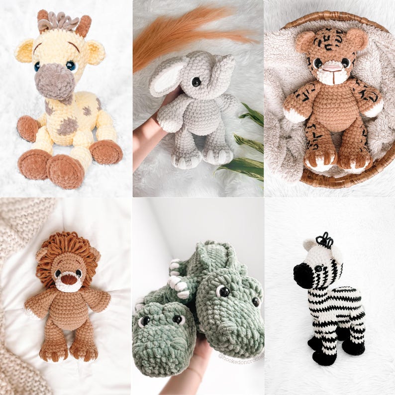 May include: A collection of handmade crochet animal toys, including a giraffe, elephant, tiger, lion, alligator, and zebra. The toys are in various colors, such as yellow, gray, brown, and green. Each toy has detailed features and is made with soft yarn.