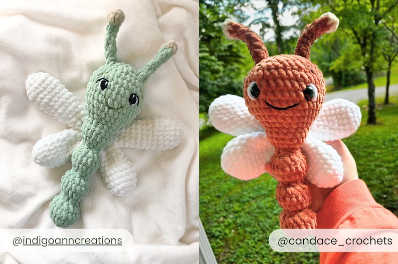 May include: Two crocheted dragonfly plush toys made of soft yarn. One is light green with white wings and the text indigoanncreations, the other is rust orange with white wings and the text candace_crochets. Both have black eyes and antennae.