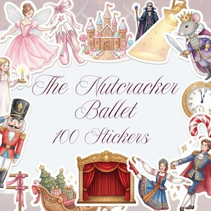 May include: A set of 100 stickers with illustrations from The Nutcracker Ballet. The stickers depict characters such as a fairy in a pink dress, a nutcracker soldier, and a mouse king, alongside ballet-themed elements and text.