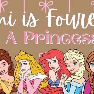 May include: A tan banner featuring the text Remi is Fourever A Princess in white and pink script. The background has vertical pink lines with small bows. Below the text are eleven illustrated female characters with diverse hair and outfits.