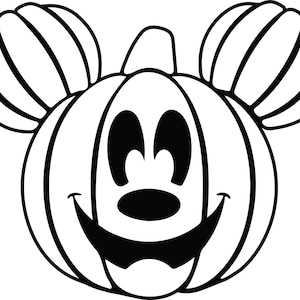 May include: Black and white line drawing of a pumpkin with Mickey Mouse ears and a smiling face.