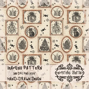 Könnte beinhalten: Ein nahtloses Muster mit handgezeichneten Illustrationen von Kerzen, Geschenken, Misteln, Katzen, Tannenzapfen und Tannenbäumen in rechteckigen und ovalen Rahmen. Das Design enthält Mondphasen und Schneeflocken auf beigem Grund.