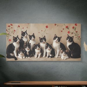 Canvas Print, Tuxedo Cat Art, Black and White Cats Illustration, Cat Lovers Gift, Cat Painting, Matte Canvas Wall Art, Vintage Home Decor,