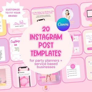 May include: A collage of 20 pink and purple Instagram post templates for party planners and service-based businesses. The templates feature text overlays, images, and graphics.