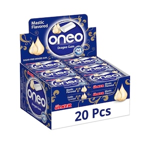 May include: A display box of "Oneo" dragee gum. The box is dark blue with gold accents and features the brand name in white. The packaging indicates "Mastic Flavored" and "Sugar-Free Dragee Gum". The box contains 20 pieces.