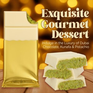 May include: A white chocolate bar with a pistachio filling, partially unwrapped in a gold foil wrapper. The image also shows a stack of white chocolate pieces with green pistachio filling. Text reads "Exquisite Gourmet Dessert".