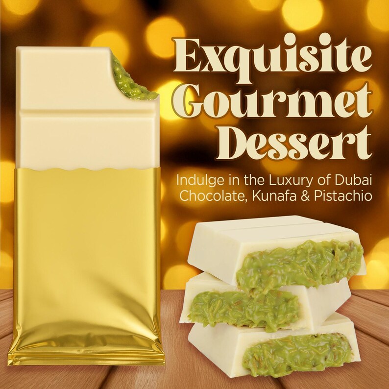 May include: A white chocolate bar with a pistachio filling, partially unwrapped in a gold foil wrapper. The image also shows a stack of white chocolate pieces with green pistachio filling. Text reads "Exquisite Gourmet Dessert".
