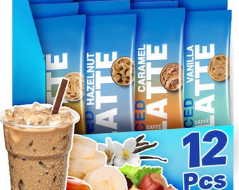 Variété de sachets de café glacé instantané - 12 bâtonnets individuels, 6 saveurs, classique noisette caramel banane vanille sans sucre