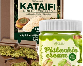 May include: An assortment of gourmet food products. A box of Kataifi, dried and chopped, with the text "Ideal for Dubai Chocolate". A jar of pistachio cream, with the text "Net: 7oz (200 gr)". Slices of chocolate with a pistachio filling.