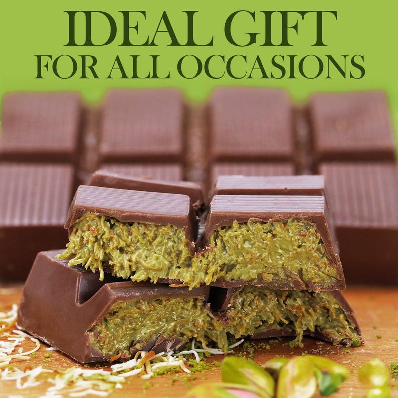 May include: Close-up of chocolate bars with a green filling, stacked on a wooden surface. The bars are dark brown with a textured top. The text "IDEAL GIFT FOR ALL OCCASIONS" is at the top of the image.