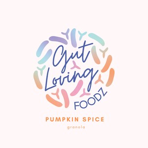 May include: A logo for "Gut Loving Foodz" with a circular design of pastel-coloured shapes. The words "Gut Loving FOODZ" are in a dark blue script font, with "PUMPKIN SPICE" and "granola" below the main text.