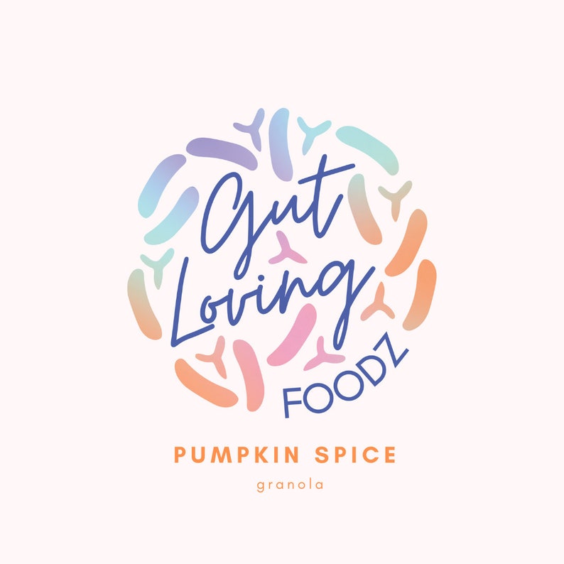 May include: A logo for "Gut Loving Foodz" with a circular design of pastel-coloured shapes. The words "Gut Loving FOODZ" are in a dark blue script font, with "PUMPKIN SPICE" and "granola" below the main text.