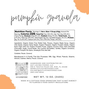 May include: A food label for pumpkin granola, featuring nutritional information, ingredients, and manufacturer details. The label includes the text "pumpkin granola". Net weight is 340g.