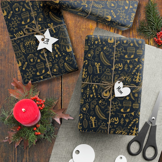 Elegant High Quality Christmas Wrapping Paper Dark Blue and Gold Roll  Glossy or Matte Finish 