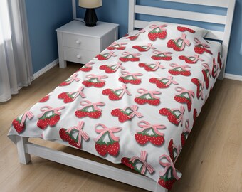 Coperta in peluche di velluto a coste alla fragola Coquette Coperta con fragole e fiocco Coperta per ragazze Tiro carino Biancheria da letto con bacche di coquette