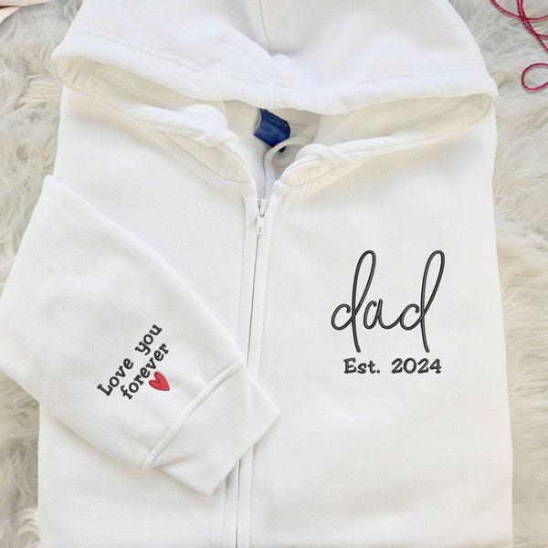 Embroidered Dad Hoodie, Custom Text and Heart on Sleeve Zip Up Jumper, Personalized Est Date Dad Hoody, Father Day Gifts for Grandfather