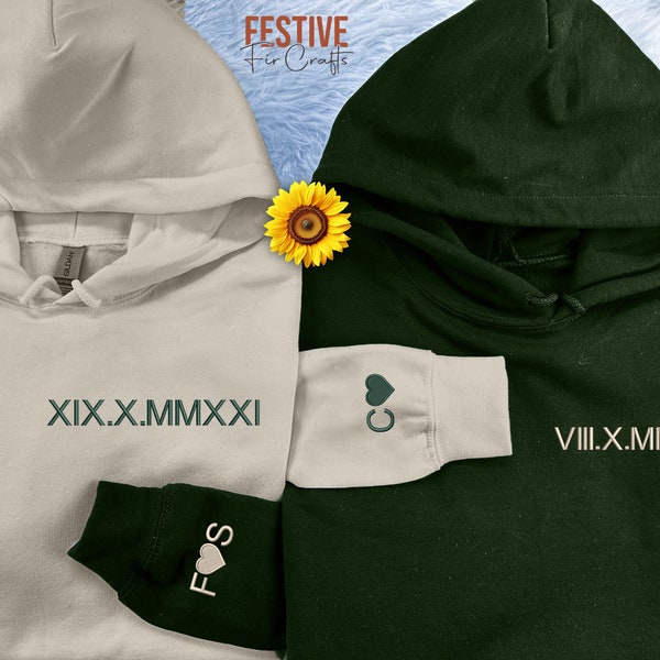 Roman Numeral Embroidered Hoodie, Custom Date Initial on Sleeve Wedding Hoodie, Personalized 1st Anniversary Gifts, Special Couples Gifts