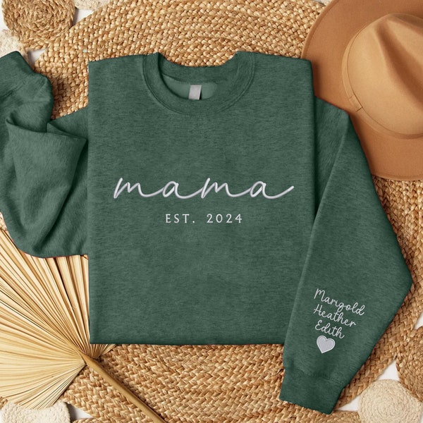 Personalized Mama Embroidered Sweatshirt, Custom Mom Est Date with Name Sleeve Outfit, New Mama Pregnancy Announcement Top, Mother Day Gifts