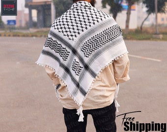 Unique Keffiyeh Palestine Scarf, Arab Style Shemagh Scarf, Traditional Cotton Scarf with Tassels, Vintage Palestinian Houndstooth Head Scarf