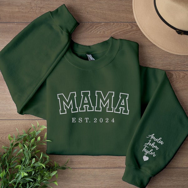 Mama Sweatshirt, Custom Embroidered Mama Kids Name Sweater, Personalized Est Date Crewneck Mom Sweater, Grandma Birthday Presents for Mom