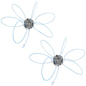 May include: Two crab traps with black wire mesh cages and blue wire loops. The traps are designed to catch crabs and other crustaceans. The traps are set against a white background.