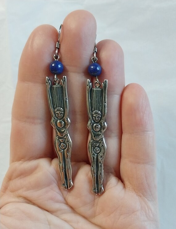 Earrings Moon Goddess With Lapis Lazuli Bead Vint… - image 9