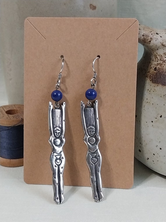Earrings Moon Goddess With Lapis Lazuli Bead Vint… - image 1