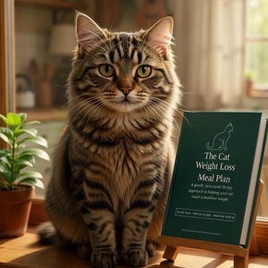 Puede incluir: Un gato atigrado marrón y negro sentado junto a un libro verde oscuro titulado The Cat Weight Loss Meal Plan, apoyado en un pequeño caballete de madera. La portada muestra un dibujo lineal blanco de un gato y texto sobre un plan de 30 días.