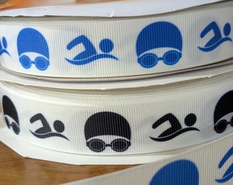 Swimming team ribbon. 7/8" grosgrain for craft art making for leis, mums, or hair bows, team and coach gifts. Swim and goggles design.