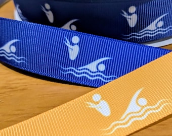 Swim and Dive ribbon. 7/8" grosgrain for craft art making for leis, mums, or hair bows, team and coach gifts.
