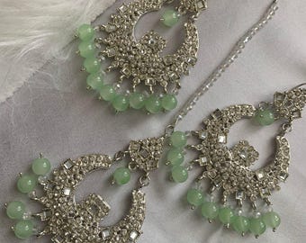 Beautiful Indian Silver and Light Green Tikka and Earring Set with Beads and Rhinestones
