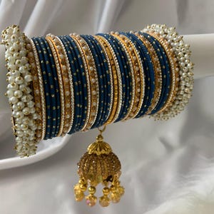 Beautiful Indian Navy Blue and Golden Metal Bangle Stack Set with Pearl and Rhinestone Karas and Jhumki