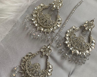Beautiful Indian Silver Tikka and Earring Set with Beads and Rhinestones