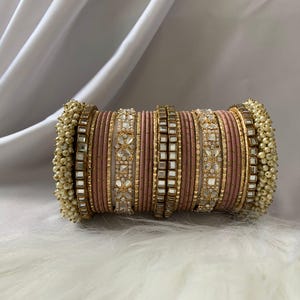 Beautiful Indian Tea Pink and Golden Metal Bangle Stack Set with Pearl, Mirror and Rhinestone Karas