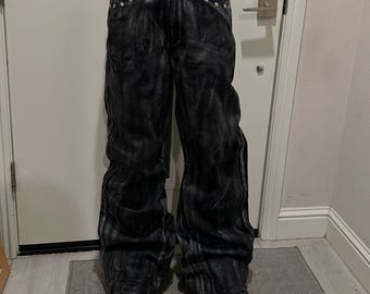 Custom Y2K flared baggy waxed denim jeans with studs streetwear