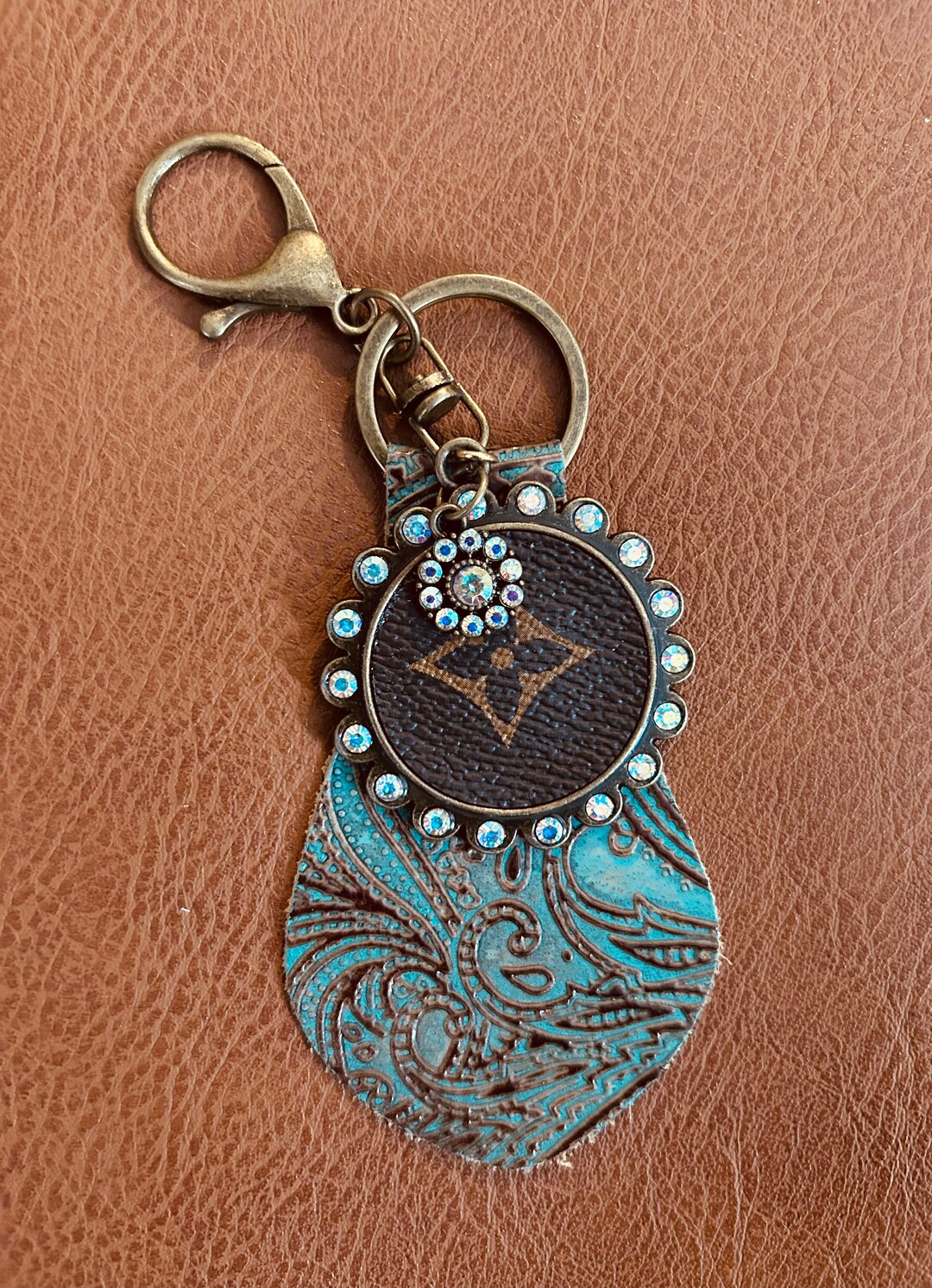 Upcycled Designer Embossed Leather Keychain TURQUOISE BROWN Etsy
