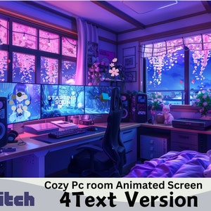 May include: A cosy purple and blue computer room with a desk, a gaming chair, and a bed. The room has large windows with pink cherry blossoms and a view of a city skyline. The computer monitors display an animated screen with the text "Starting Soon".