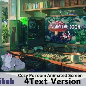 May include: A cosy computer room with a green and black gaming PC, a monitor displaying "STARTING SOON" on a green and brown background, a cat sleeping on a chair, and a cup of coffee on the desk.