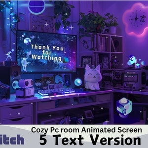 May include: A purple and blue computer desk with a monitor displaying a galaxy background and the text "Thank You for Watching". The desk has a keyboard, mouse, and a white cat figurine. There are also several other decorations on the desk, including a clock, a telescope, and a speaker. The desk is lit with purple and blue lights. The image is labeled "Cozy Pc room Animated Screen 5 Text Version" and "twitch".