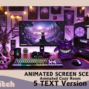 Animated Gengar Lofi Gaming Desk Twitch Scene, Stream Starting Soon, Be Right Back, Gengar Animated Twitch Screen, currently offline screen