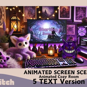 Animated Gengar Lofi Gaming Desk Twitch Scene, Stream Starting Soon, Be Right Back, Gengar Animated Twitch Screen, currently offline screen