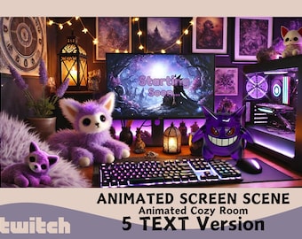 Animated Gengar Lofi Gaming Desk Twitch Scene, Stream Starting Soon, Be Right Back, Gengar Animated Twitch Screen, currently offline screen