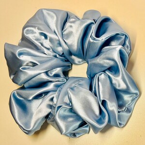 Sky Blue satin scrunchies in jumbo sizes.  Hand made scrunchies in jumbo and regular sizes in satin, flannel and cotton