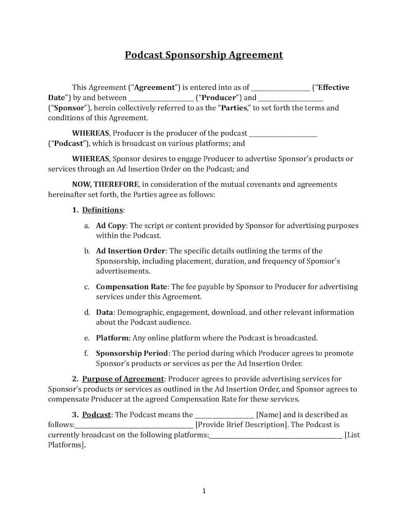 Podcast Sponsorship Agreement Template Attorneydrafted Legal Contract