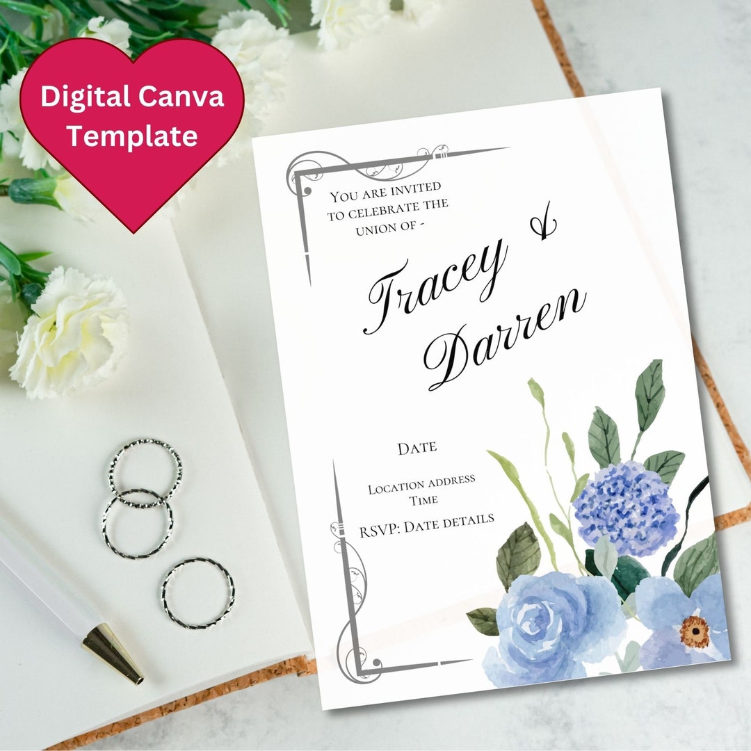 Wedding Invitation Canva Edible Template Digital Download Blue