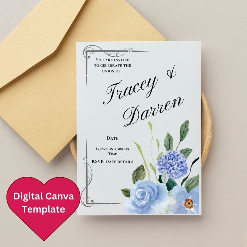 Wedding Invitation Canva Edible Template Digital Download Blue