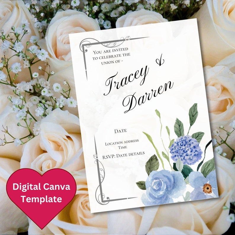 Wedding Invitation, Canva Edible Template, Digital Download, Blue