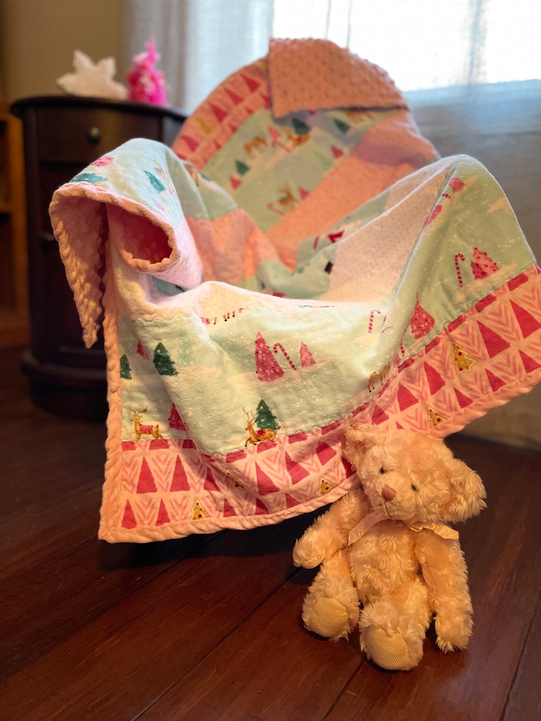 Pink Christmas Baby Quilt Flannel Christmas Child Quilt Etsy