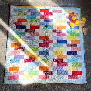 handmade Rainbow baby quilt, beautiful colorful scrappy block child lap quilt, readymade baby shower gift for rainbow baby