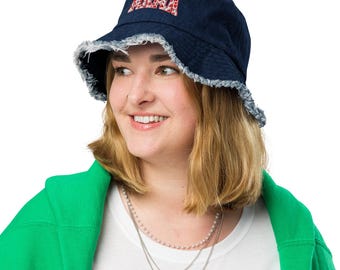 Mama Distressed denim bucket hat, Red Hearts embroidered